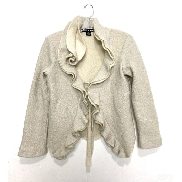 Revue Blazer Jacket Size M Beige Metallic 100% Wool Bow Tie Ruffle Long Sleeves - Picture 1 of 14